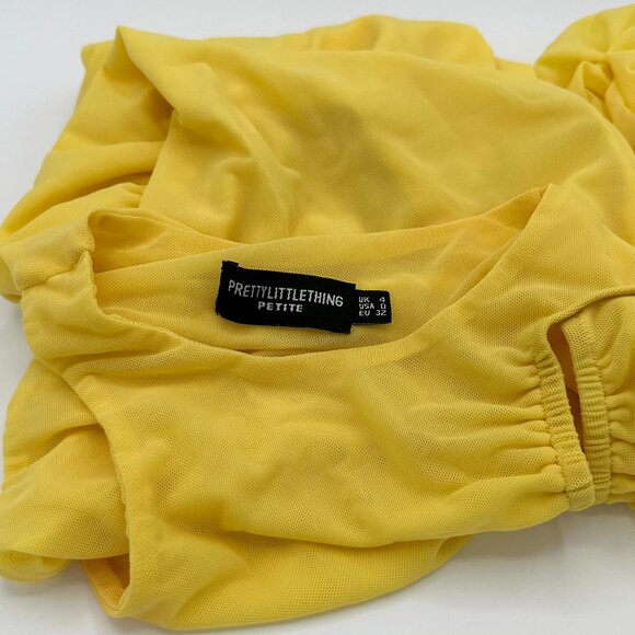 PrettyLittleThing Petite Yellow Mesh Ruched Detail Dress Size 0 - Picture 2 of 4